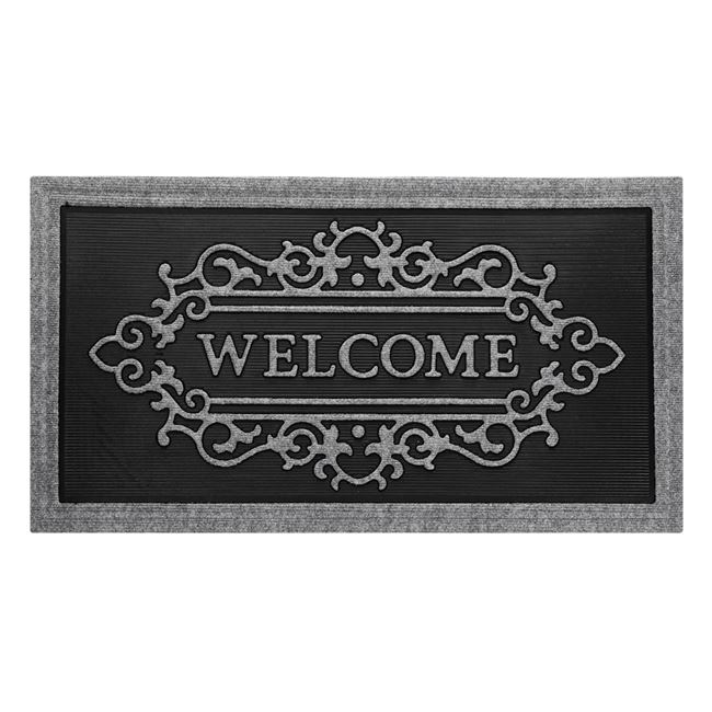 Covor intrare VENITIVO®, antiderapant, dreptunghiular cu diferite forme si mesaj in relief ”Welcome”, Lungime x Latime x Grosime 90 x 50 x 0.5 cm, gri negru