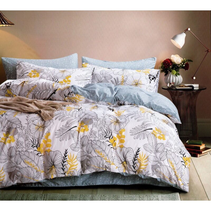 Set lenjerie, Din bumbac satinat, 160x200cm, 2 huse perne, Alb/negru/galben