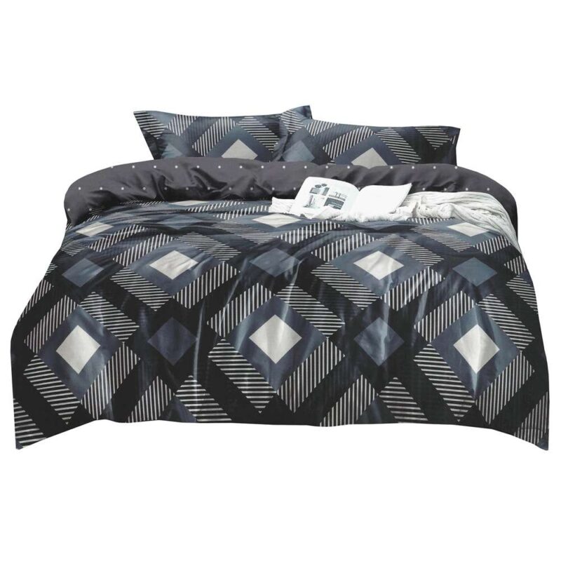 Set lenjerie, 3 buc, Din bumbac satinat, 2 huse perne, 160x200cm, Alb/gri/negru