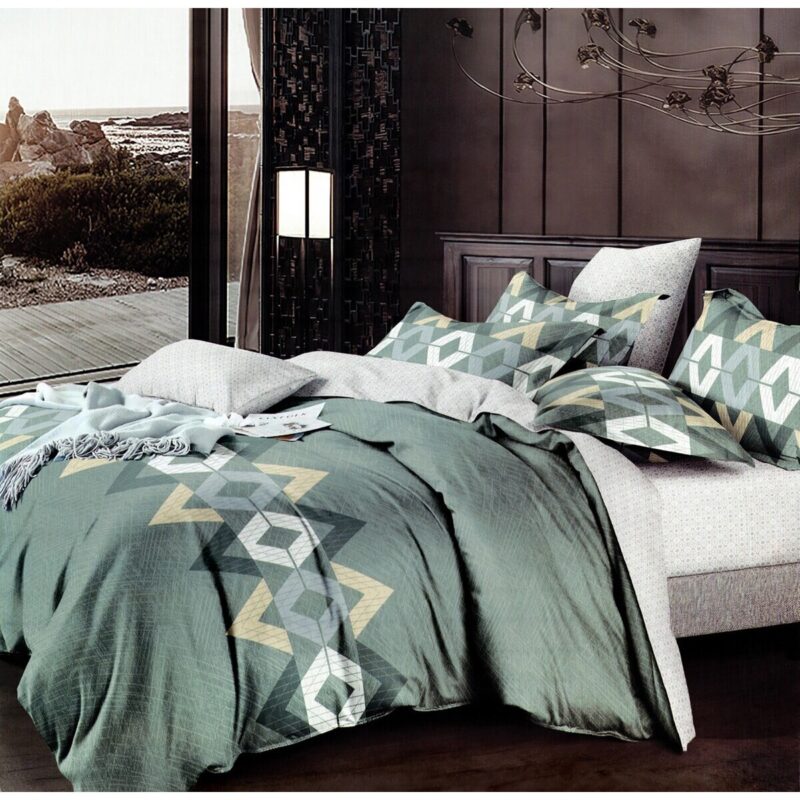 Set lenjerie, Din bumbac satinat, 2 huse perne, 160x200cm, Verde/auriu/gri