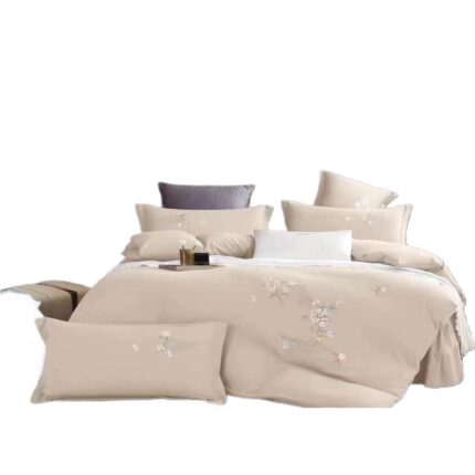 Lenjerie de Pat, Brodata, Bumbac, 2 persoane, 4 piese, Crem