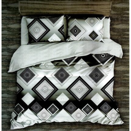 Set lenjerie, Din bumbac satinat, 2 huse perne, 160x200cm, Negru/gri/alb