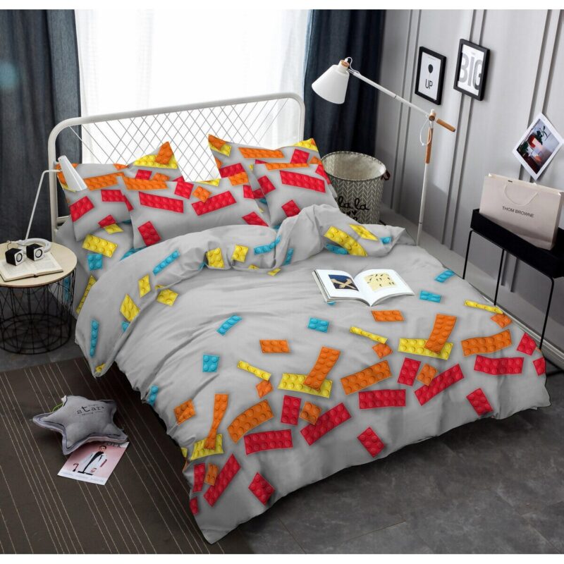 Set lenjerie, Din bumbac satinat, 140x200cm, 1 huse perne, Gri/multicolor