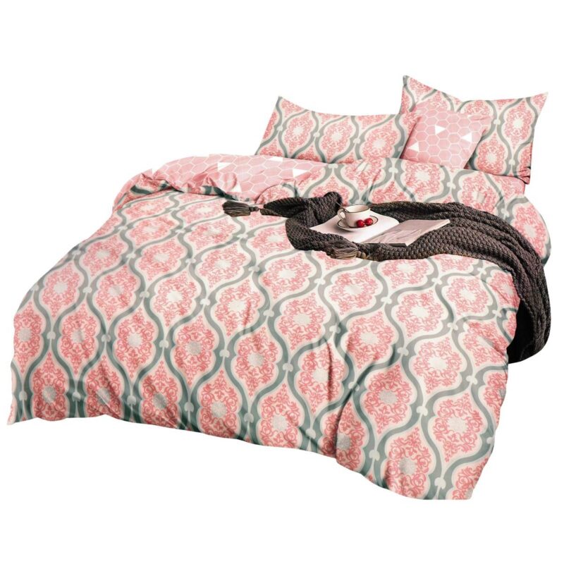 Set lenjerie satinat, 3 bucati, 160x200cm, 2 husa perne, Roz/gri/alb