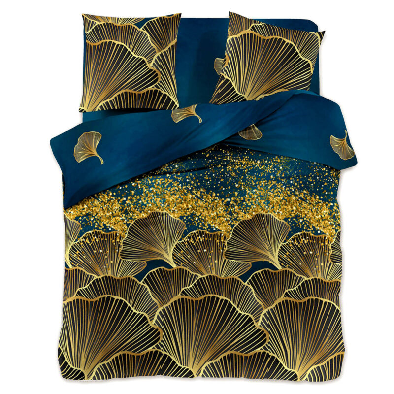 Set lenjerie satinat, 3 bucati, Bumbac satinat, 2 huse perne, 200x160cm, Auriu/albastru
