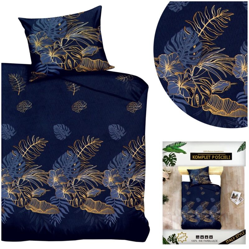 Set lenjerie satinat, 2 bucati, 140x200cm, 1 husa perne, Albastru/auriu