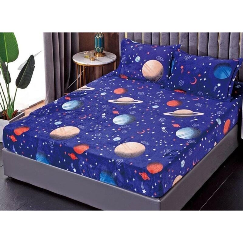 Husa Cocolino Premium cu Elastic, 3 Piese, pentru Pat Dublu, 180 x 200 cm, 2 Fete de Perna, Albastru cu Planete