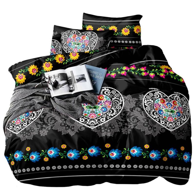 Set lenjerie, Din bumbac satinat, 160x200cm, 2 huse perne, Negru/multicolor