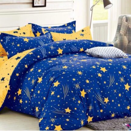 Set Lenjerie de Pat Dublu Sonia Home , cu stelute, bumbac finet , 8 piese , galben albastru, 2 persoane