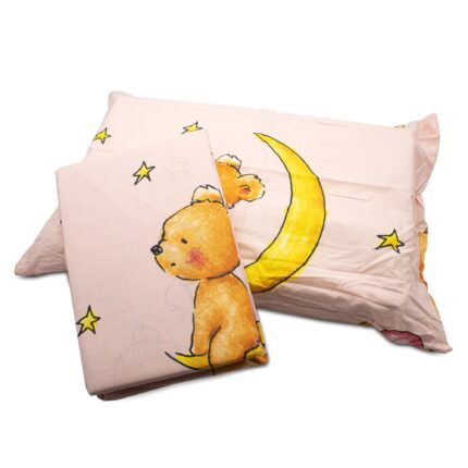Lenjerie de pat pentru copii, 2 piese, 100% bumbac , 1 husa pilota 100x135cm, 1 fata perna 40x60cm , tip inchidere fermoar, culoare roz, model ursulet