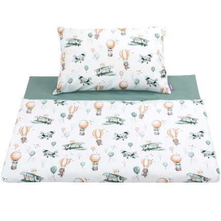 Lenjerie de pat pentru copii, Jukki, Bumbac, 135x100/60x40CM, Alb/Verde