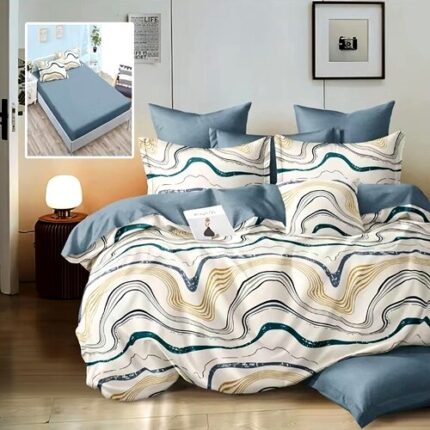 Lenjerie de pat Finet, cearceaf cu elastic 160x200cm, 6 piese, pentru pat dublu, Pucioasa, Multicolor, RAH123