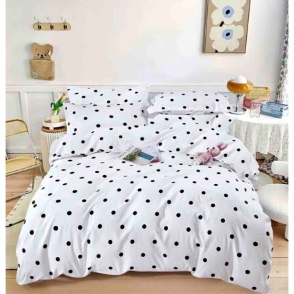 Lenjerie de pat dublu cu elastic, Jojo Home, imprimeu Buline, 6 piese, 2 persoane, 180x200cm, Finet Superior, Alb Negru