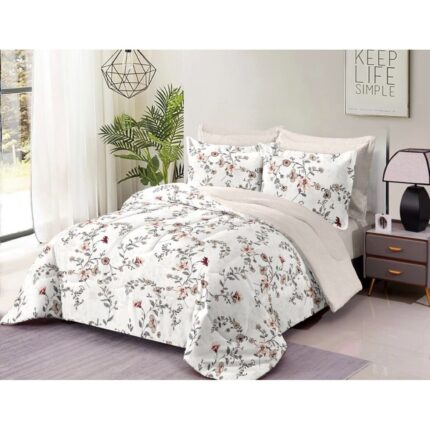 Set Lenjerie de pat dublu, 2 persoane, Lenjemania, Bumbac/Finet, 6 Piese, Cearceaf de pat 230 x 250 cm, Cearceaf pilota cu Doua Fete 200 x 230 cm, 2 fete de perna 70 x 70 cm, 2 fete de perna 55 x 80 cm, Model Floral, Alb/Crem/Somon, EST-022