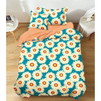 Set Lenjerie de pat dublu, 1 persoana, Finet, 4 piese, model margarete, Cearceaf de pat 200x220 cm, Cearceaf pilota 160x200 cm, 1 Fata de perna 50x70 cm, 1 Fata de perna 50x50 cm, Albastru-Portocaliu-Crem