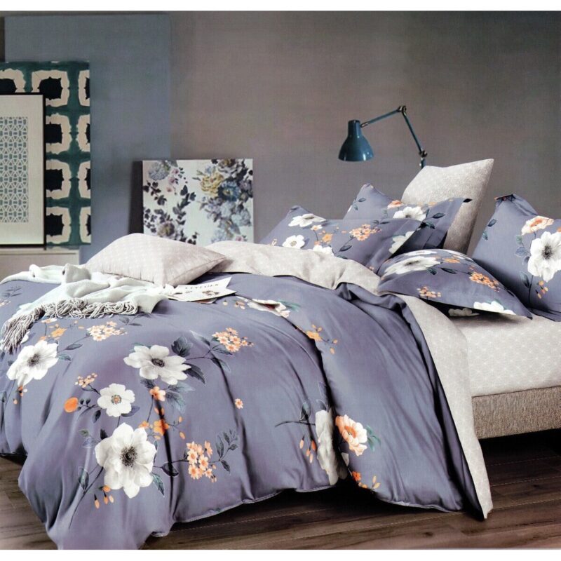 Set lenjerie, Din bumbac satinat, 2 huse perne, 160x200cm, Violet/gri/bej