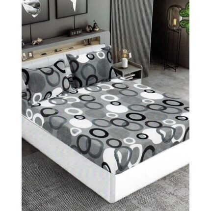 Husa Cocolino Premium cu Elastic, 3 Piese, pentru Pat Dublu, 180 x 200 cm, 2 Fete de Perna, Gri cu Cercuri