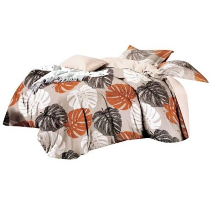 Set lenjerie satinat, 3 bucati, Microfibra, 160x200cm, 2 huse perne, Bej/portocaliu/negru