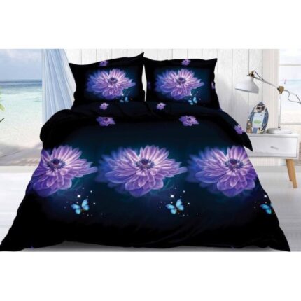 Lenjerie pat dublu, print 3D Flori Lila, 4 piese, 2 persoane, 200x210cm, Bumbac Satinat, Negru Lila