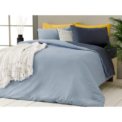 Set complet lenjerie de pat, English Home, Plain, 100% Bumbac, 4 piese, 240x220cm, Albastru