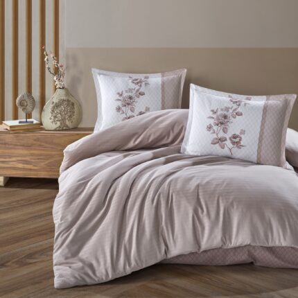 Lenjerie de pat dublu Bumbac 100% Ranforce 4 piese king size 240 x 260 cm, Eleganta, Bej, Clasy SUAVE V2