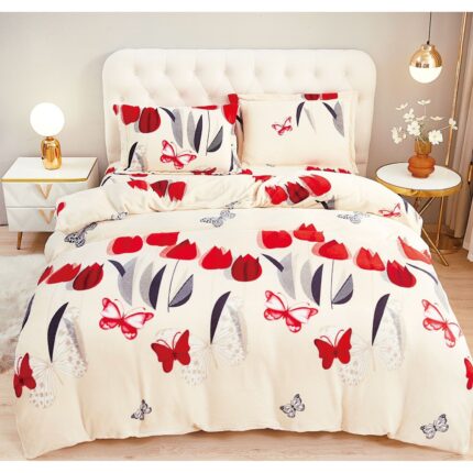 Lenjerie cocolino de pat dublu, Family Design, 4 piese, LCD6, crem lalele rosii, 220x230 cm