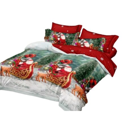 Lenjerie de pat Craciun, Finet, 6 piese, 2 persoane, 180X200cm, Multicolor, Mos Craciun si Sania