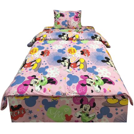 Set lenjerie pat single, trei piese, pentru copii, roz, pentru saltea 90x200cm, "Basm cu Mickey si Minnie" din bumbac ranforce by Liz Line - LSR229