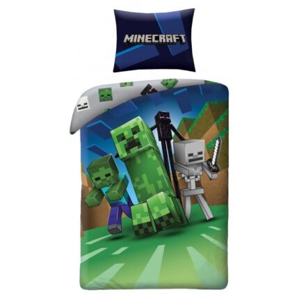Set lenjerie de pat pentru copii, Minecraft Monsters, Husa pilota 140x200 cm, Husa perna 70x90 cm, Bumbac 100%, Multicolor