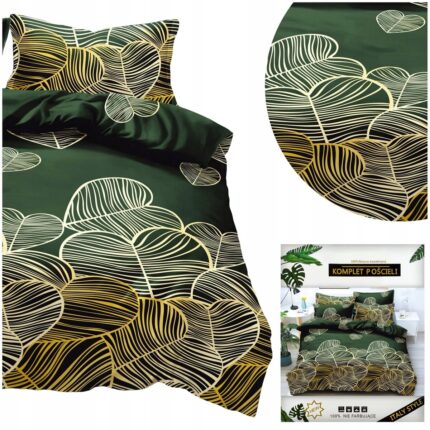 Set lenjerie satinat, 4 bucati, 140x200cm, 2 husa perne, Verde/alb/auriu