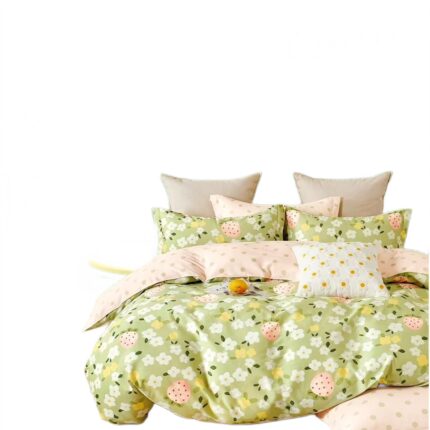 Lenjerie de pat dublu king size Percalle imprimat Bumbac 100% 6 piese cearsaf pat 240x260 cm, pilota 200x230 cm, 2 fete perne 50x70 cm, 2 fete perne 70x70 cm Flori vara Galben / Verde, Pucioasa