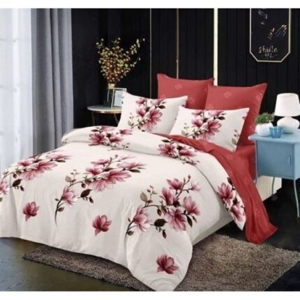 Lenjerie de pat dublu, Finet, 6 piese, 2 persoane, imprimeu Magnolie, 230x250cm, Bej-Caramiziu