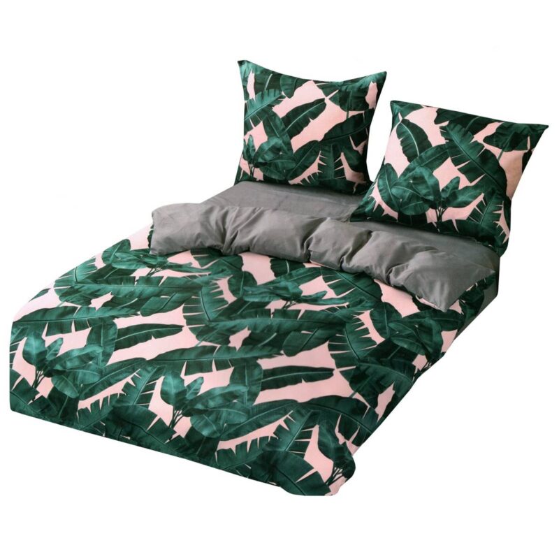 Set lenjerie, Din bumbac satinat, 2 huse perne, 160x200cm, Verde/roz/gri