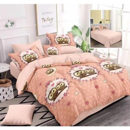 Lenjerie de pat dublu bumbac Finet 6 piese 220 x 240 cm, Bufnite si dragoste, Roz, Ralex Pucioasa M190