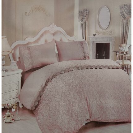 Set penjerie pentru pat dublu, 4 piese, cul Powder, Laura Grand, cearceaf normal 245/250 cm /hsa pilota 200/230 cm, fete perina 50/70cm x2 buc, bumbac 100/100, cu broderie aplicata, model deosebit
