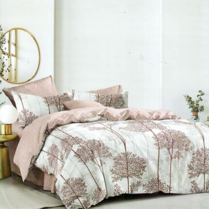 Lenjerie pat dublu ELVO 4 piese cearsaf pat 220x230 cm, pilota 200x220 cm, 2 fete perne 50x70 cm Pomi, Roz, Pucioasa ELV117