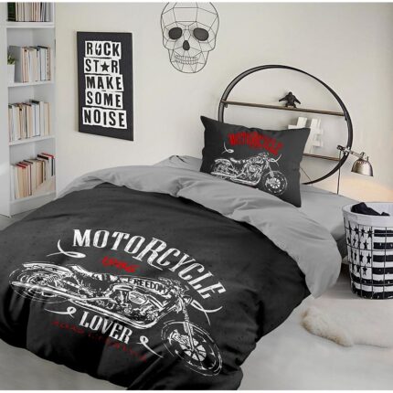 Lenjerie pat 1 persoana, bumbac 100% ranforce, 3 piese, 180x240 cm, Club Cotton, Motocicleta v1