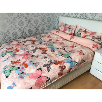 Lenjerie pat dublu cu 6 piese Zen Art Deco - Roz cu fluturasi