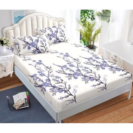 Husa de pat si fete de perna, imprimeu copac inflorit, 3 piese, 2 persoane, 180x200cm, Finet Satinat, Alb Multicolor