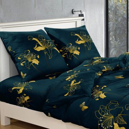Set lenjerie, Din bumbac satinat, 2 huse perne, 160x200cm, Verde inchis/auriu