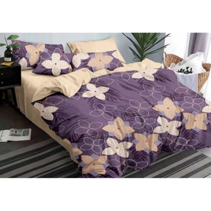 Lenjerie de pat dublu, Pucioasa, Finet, 6 piese, 2 persoane, imprimeu Flori, 245x250cm, Mov-Bej