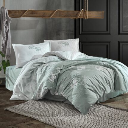 Lenjerie de pat dublu Bumbac 100% Ranforce 4 piese king size 240 x 260 cm, Eleganta, Alb / Verde, Clasy LUVI