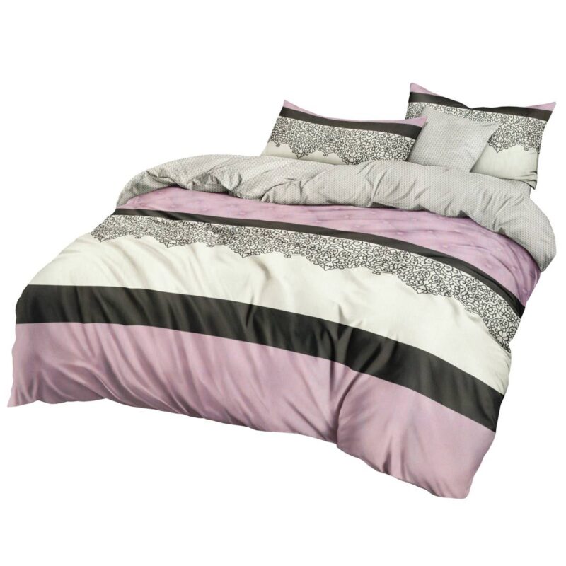Set lenjerie satinat, 3 buc, 200x160cm, 2 huse perne, Negru/alb/roz