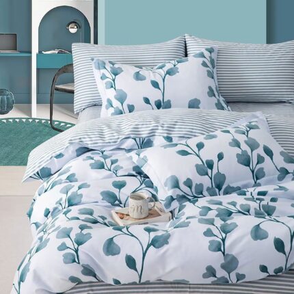 Lenjerie de pat o persoana Percalle imprimat Bumbac 100% 3 piese cearsaf pat 160x240 cm, pilota 150x220 cm, fata perna 50x70 cm, Moderna Alb / Albastru, Pucioasa