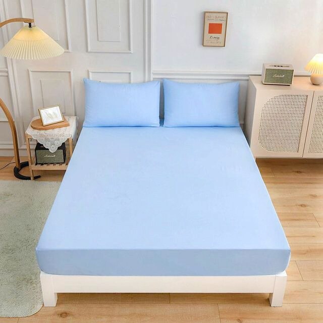 Cearceaf de pat cu elastic + 2 fete de perna, bumbac 100%, 160x200cm, Majoli by Bahar Tekstil, Bleu