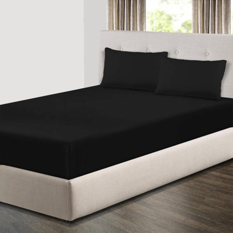 Cearceaf de pat cu elastic din bumbac ranforce 100% 90 x200 cm negru +2 fete de perna 70x70 cm