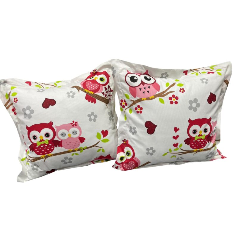 Set doua huse de perna, pentru copii, 40X40cm, alb/rosu, din colectia "Poveste cu bufnite" din bumbac ranforce, by Liz Line - SPR40/40212