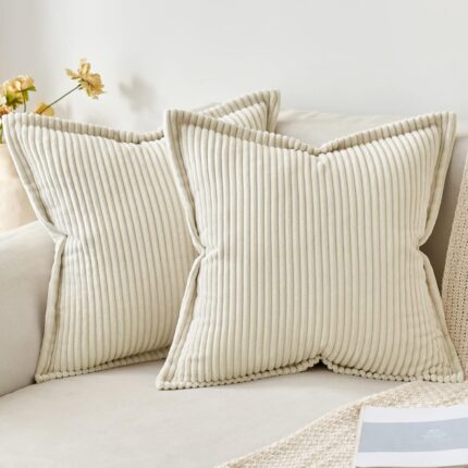Set de 2 huse de perna MIULEE, Catifea, moi, dungi late, fermoar invizibil, 60x60 cm, culoare Alb crem