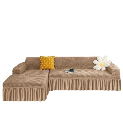 Husa Universala Premium Pentru Coltar Creponata Cu Volane, Bej,300 cm –500 cm