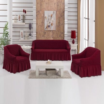 Set huse pentru canapea de 3 locuri si 2 fotolii din bumbac elasticizat si creponat 3-1-1 bordo (rosu-visiniu)